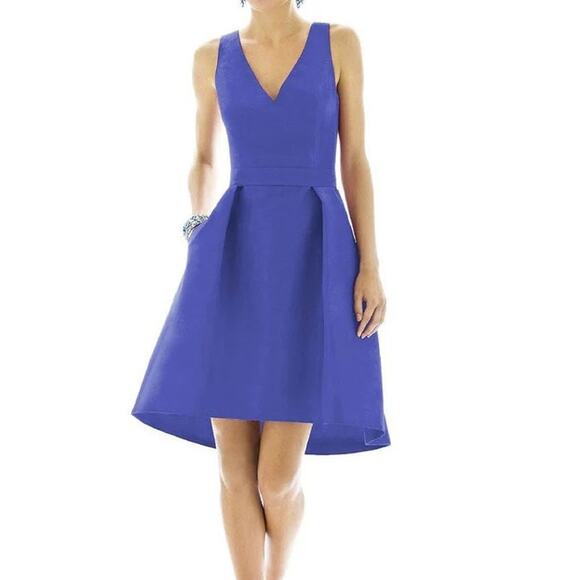 Alfred Sung Dupioni Dress Women 18 Blue Pleated Hi Lo Fit Flare Elegant Timeless - Picture 1 of 14